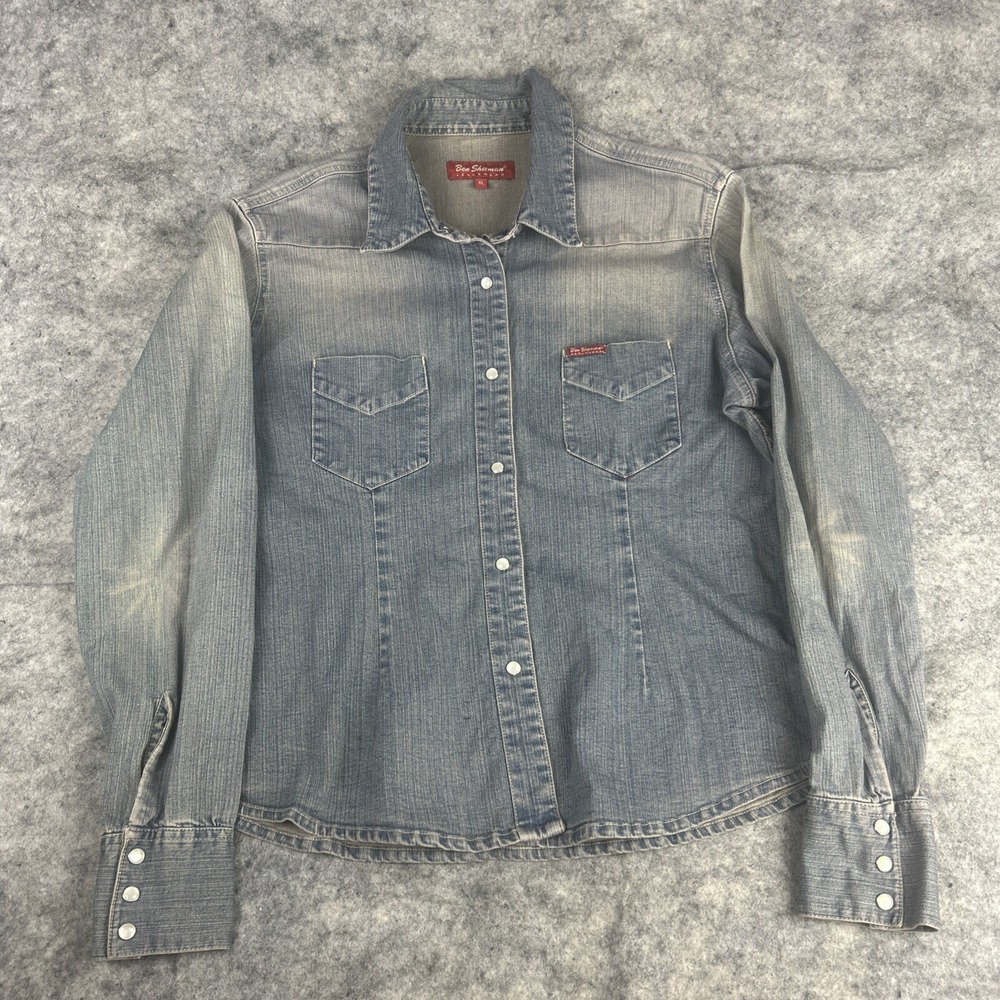 Ben Sherman Shirt Women's XL‎ Pearl Snap Denim Western Cowgirl Rodeo Long Sleeve